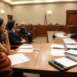 Courtroom scene during a trial in Bowling Green, Kentucky