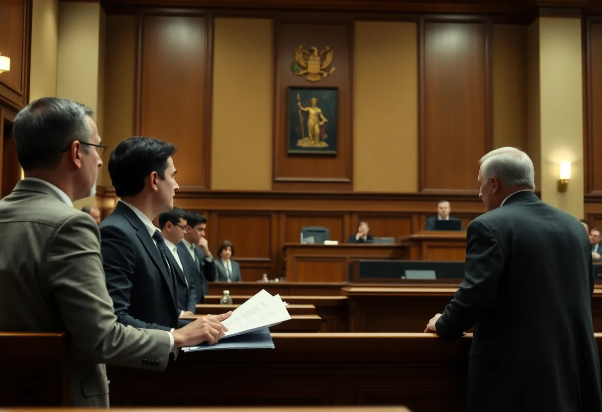 A courtroom scene depicting a judge and jury during a high-profile trial.