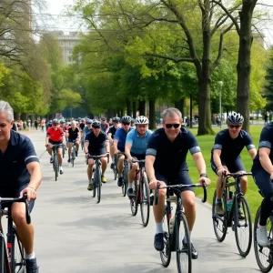 Cyclists participating in the Ride of Silence in Bowling Green, wearing black armbands.