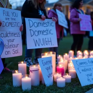 Vigil for domestic violence awareness with candles and supportive signs in Bowling Green.