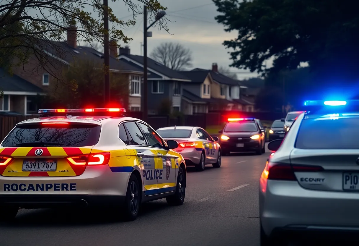 Police cars parked in a residential neighborhood following a domestic violence incident.