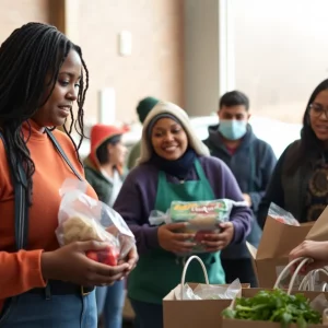 Volunteers at a Kentucky food bank distributing food.