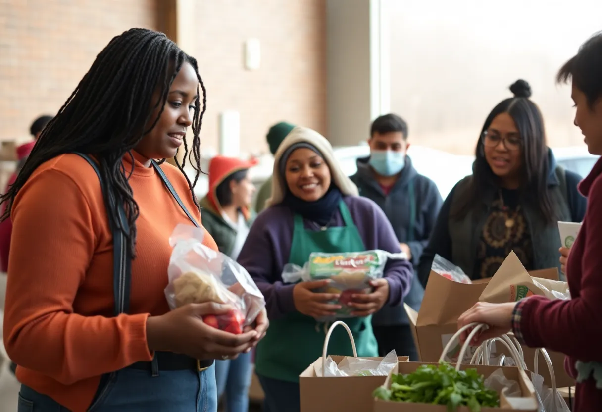 Volunteers at a Kentucky food bank distributing food.