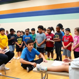Students receiving sports physicals in a gym setting