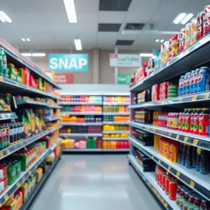A grocery store aisle filled with healthy food, emphasizing the shift in SNAP nutrition policies.