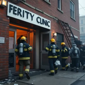 Emergency responders at a fertility clinic after an explosion