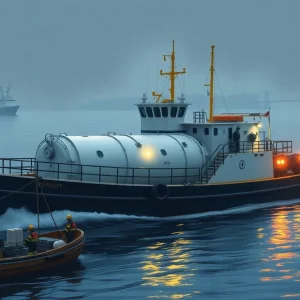 Emergency responders at the scene of a sewage transport boat explosion on the Hudson River.