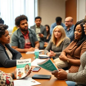 Community members discussing volunteer opportunities in foster care.