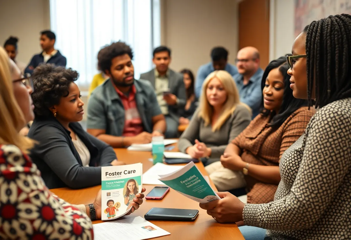 Community members discussing volunteer opportunities in foster care.