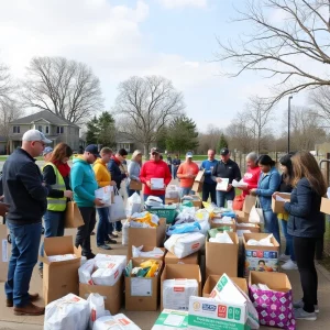 Volunteers assembling relief supplies for Kentucky tornado victims in a park.