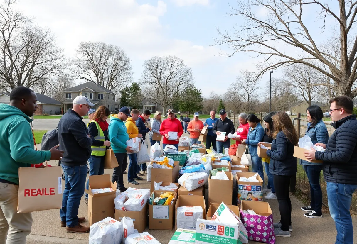 Volunteers assembling relief supplies for Kentucky tornado victims in a park.