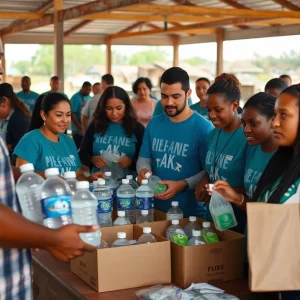 Volunteers distributing supplies in tornado-affected community
