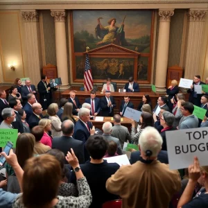 Lawmakers and citizens at Minnesota State Capitol discussing budget