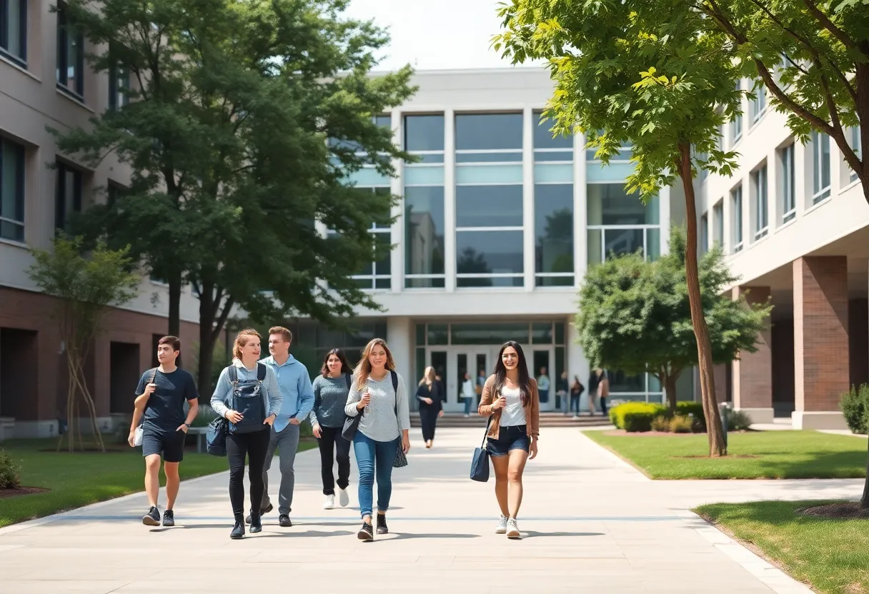 A scenic view of Murray State University campus with students.