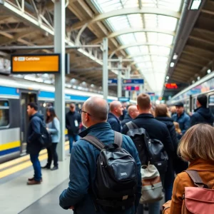 Commuters waiting at a crowded New Jersey Transit station