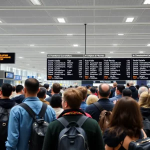 Passengers waiting at Newark Airport due to flight cancellations