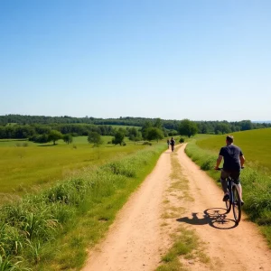 Scenic view of cyclists and pedestrians on an off-road trail
