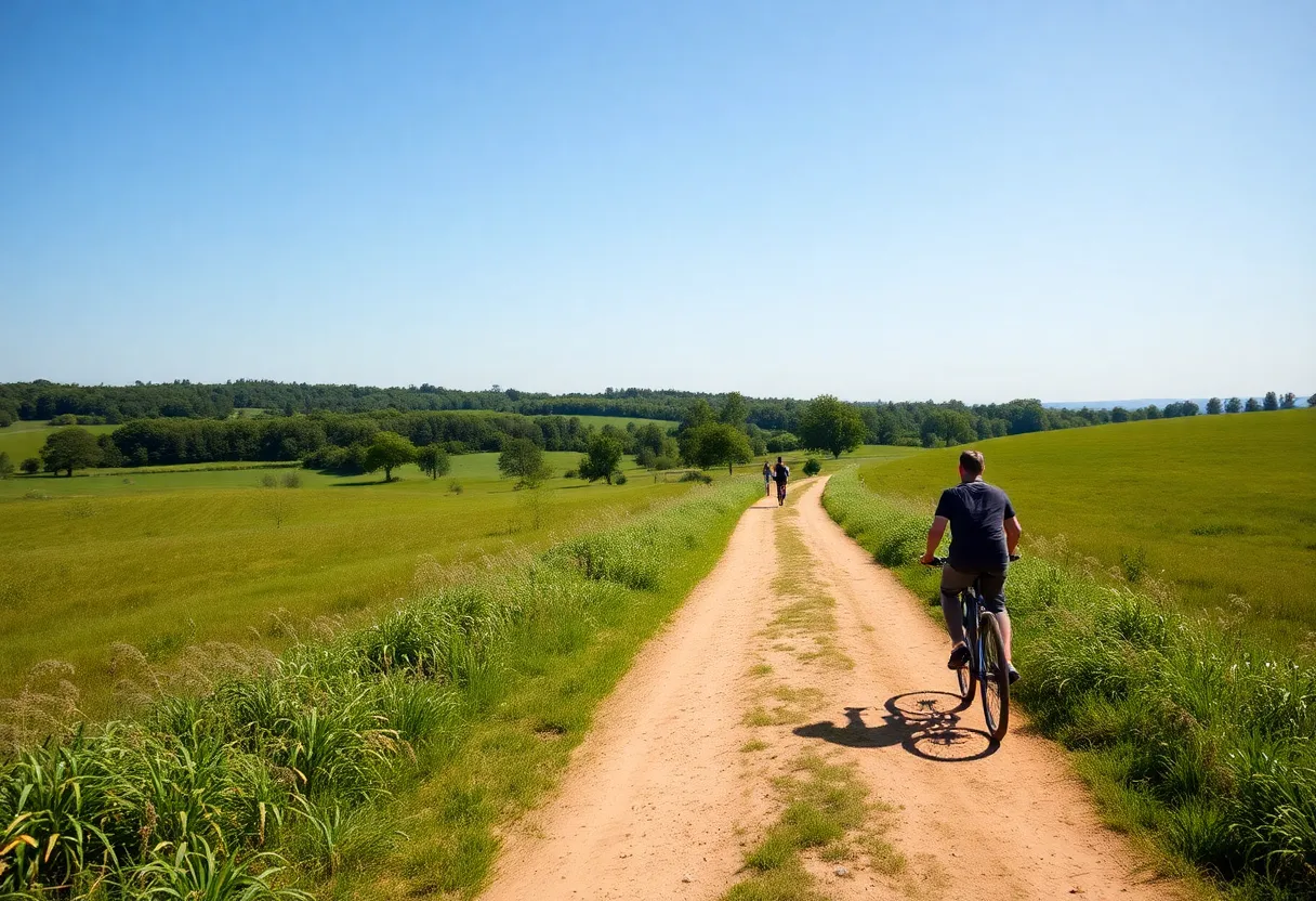 Scenic view of cyclists and pedestrians on an off-road trail