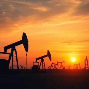 Oil drilling rigs at sunset