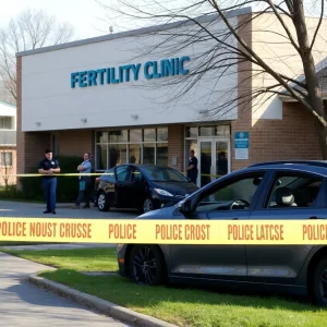 Scene of the bombing at the Palm Springs fertility clinic with debris and emergency personnel.
