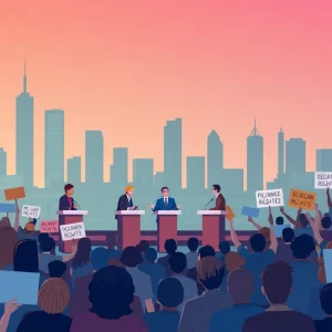 Debate stage focusing on immigration policies with audience members advocating for civil rights