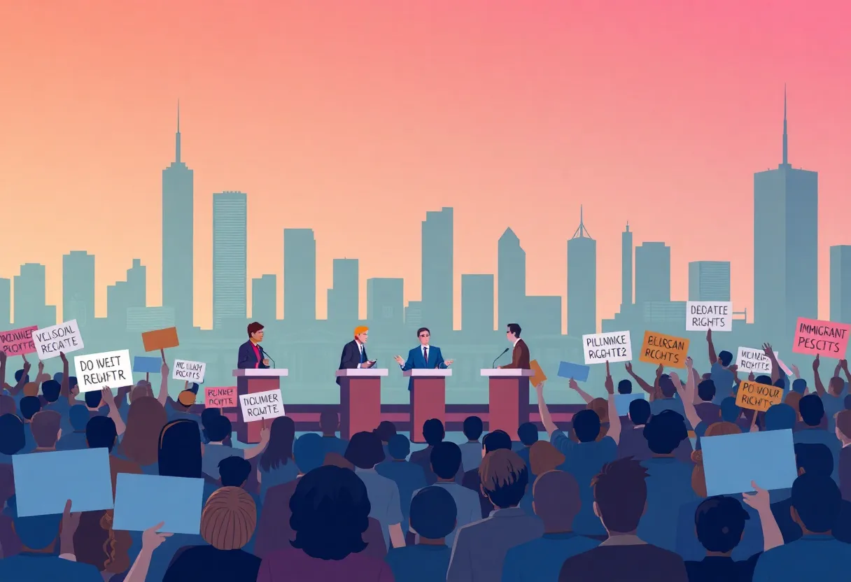 Debate stage focusing on immigration policies with audience members advocating for civil rights