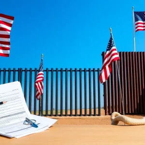 Representation of tax cuts and border security with tax documents and a border wall.