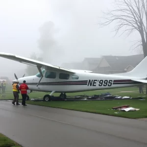Scene of a Cessna plane crash in a foggy residential area