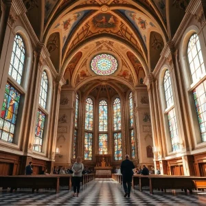 A beautiful chapel interior with vibrant stained glass, symbolizing hope and unity.