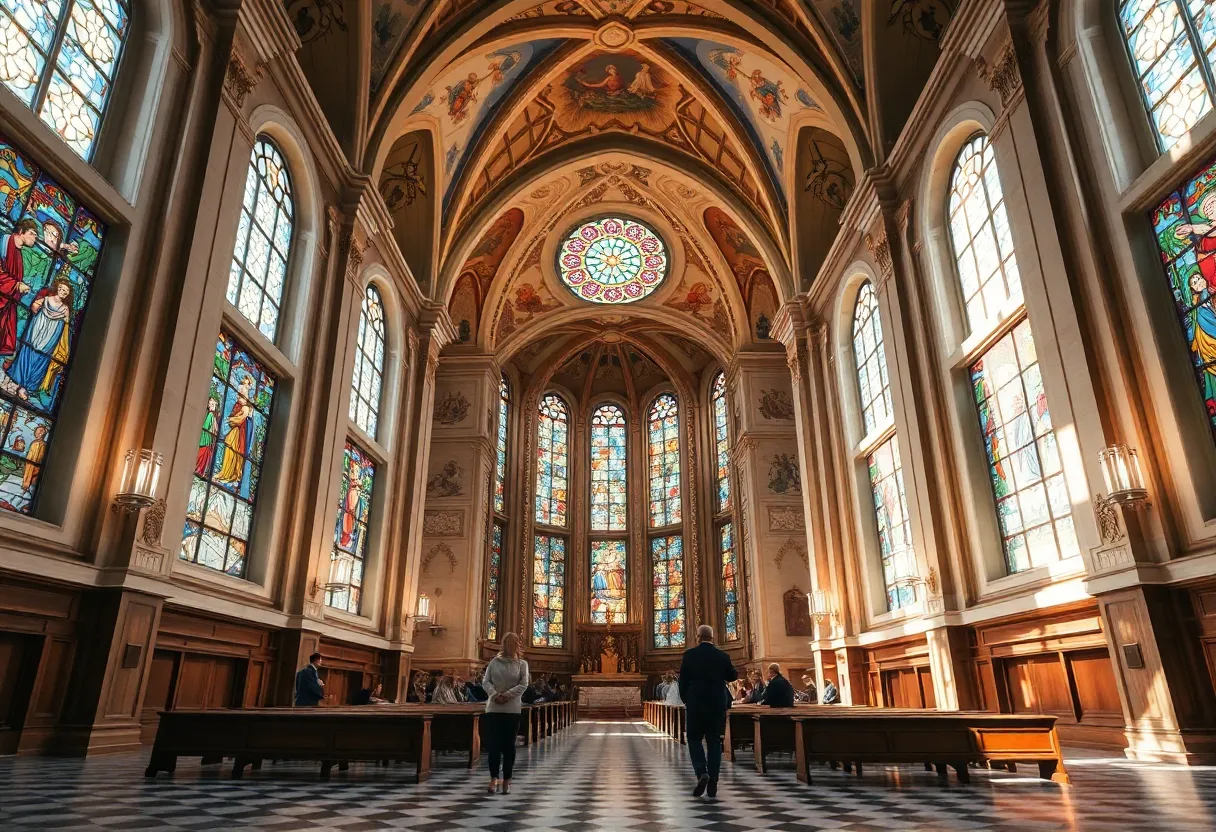A beautiful chapel interior with vibrant stained glass, symbolizing hope and unity.