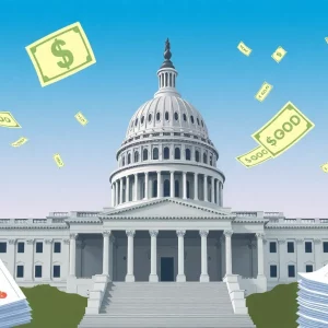 Illustration of the U.S. Capitol with financial symbols representing a tax proposal