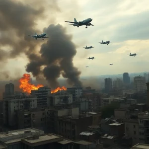 Smoke and destruction in a Ukrainian city due to aerial attacks