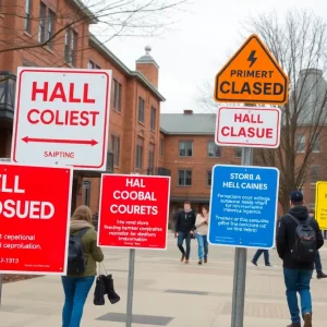 Construction signs at WKU indicating hall closures for repairs