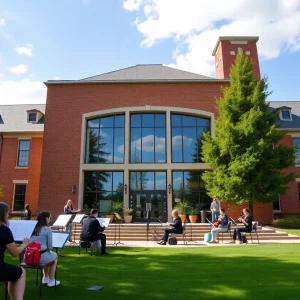WKU music building with students practicing music