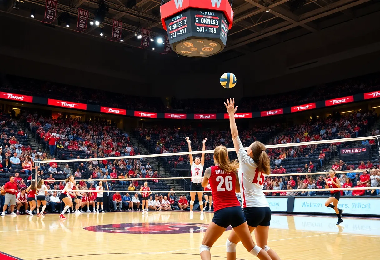 WKU volleyball team competing in a match at E.A. Diddle Arena