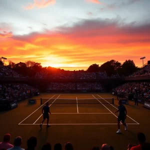 WKU Women’s Tennis court with practice silhouettes in sunset