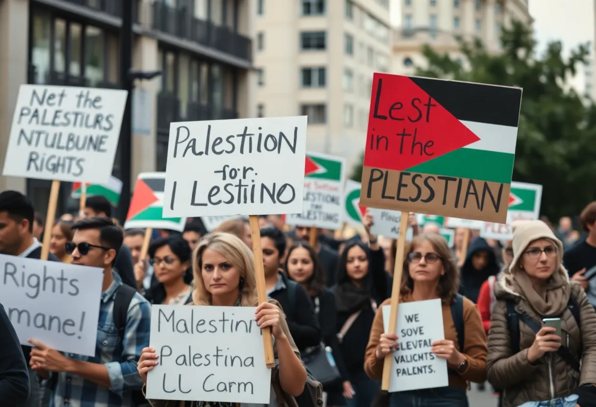 Group of activists advocating for Palestinian rights at a protest