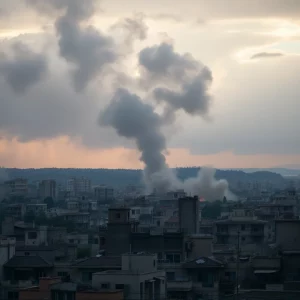 Destruction in an urban area after military airstrikes.