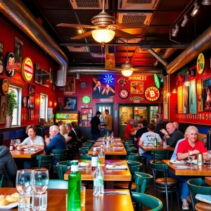 Diners enjoying their meals at Atomic Kitchen, a 1980s themed restaurant.