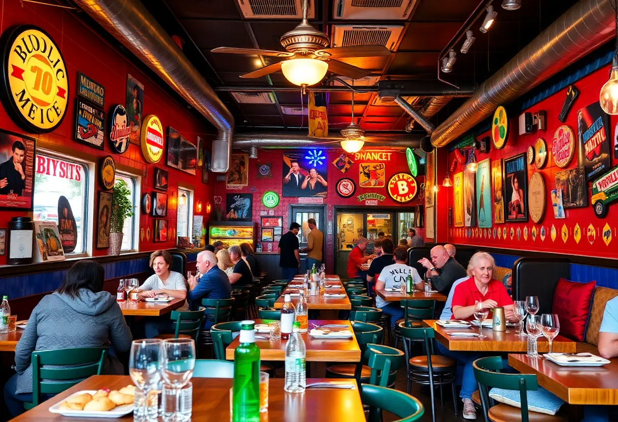 Diners enjoying their meals at Atomic Kitchen, a 1980s themed restaurant.
