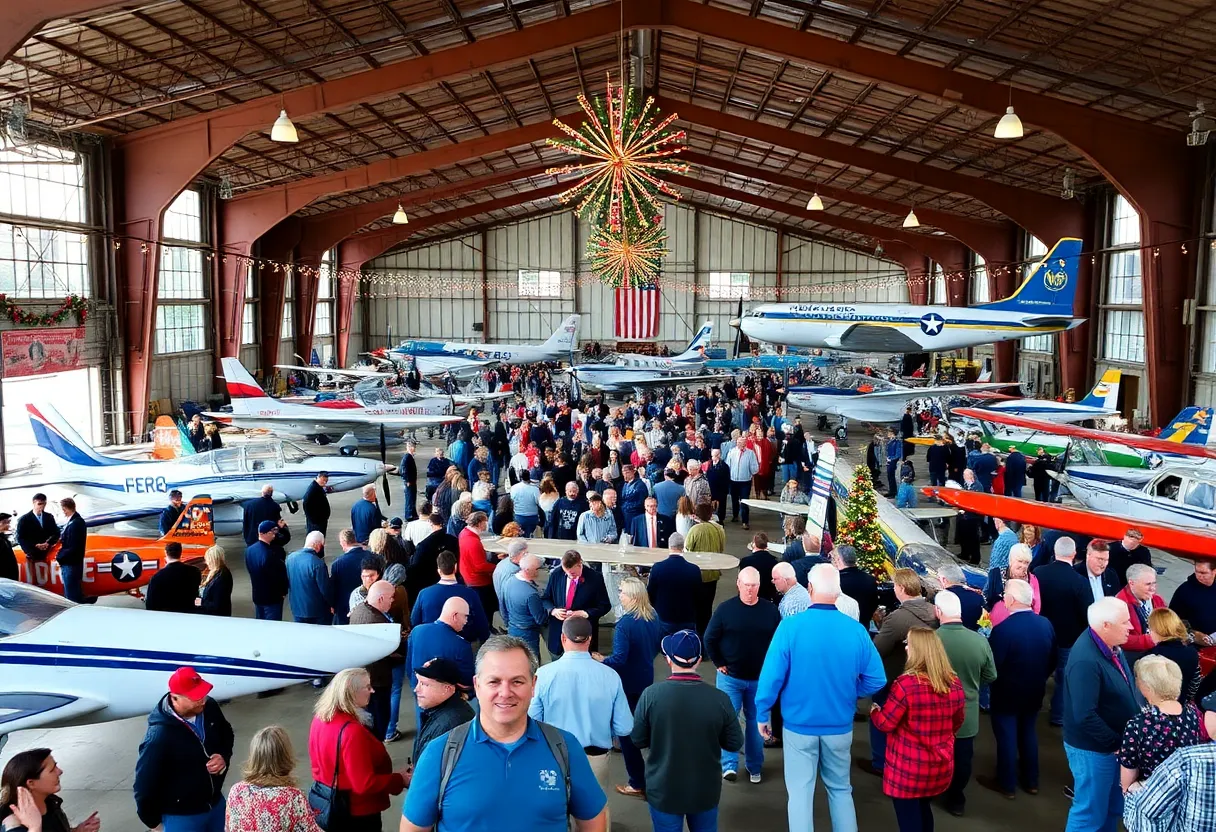 A lively hangar party at Aviation Heritage Park with guests enjoying aviation-themed activities.