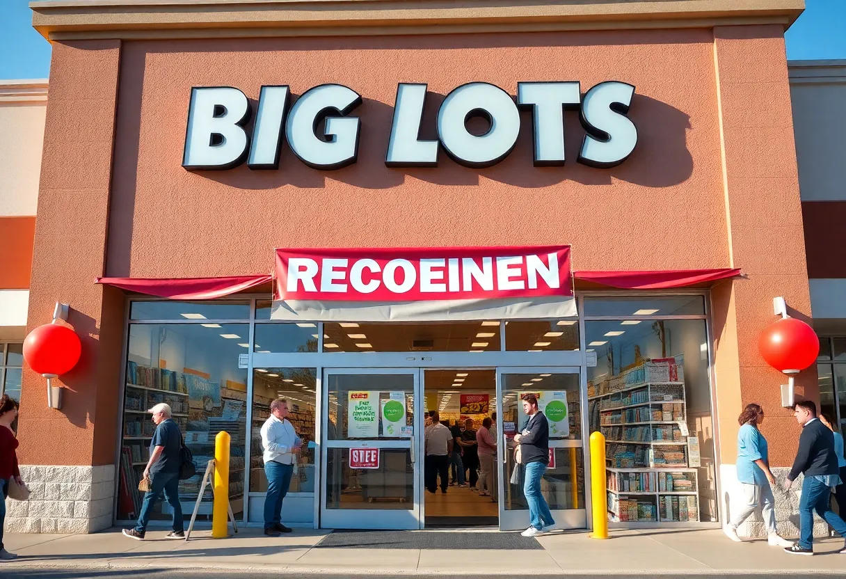 Big Lots storefront with reopening signs and welcoming staff