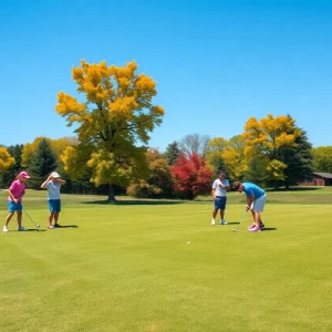 Young golfers practicing on a sunny golf course
