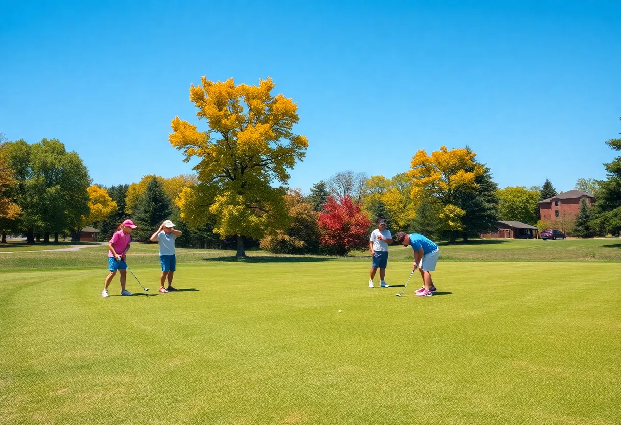 Young golfers practicing on a sunny golf course