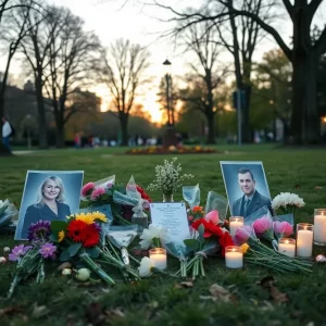A memorial gathering in a park honoring community figures.