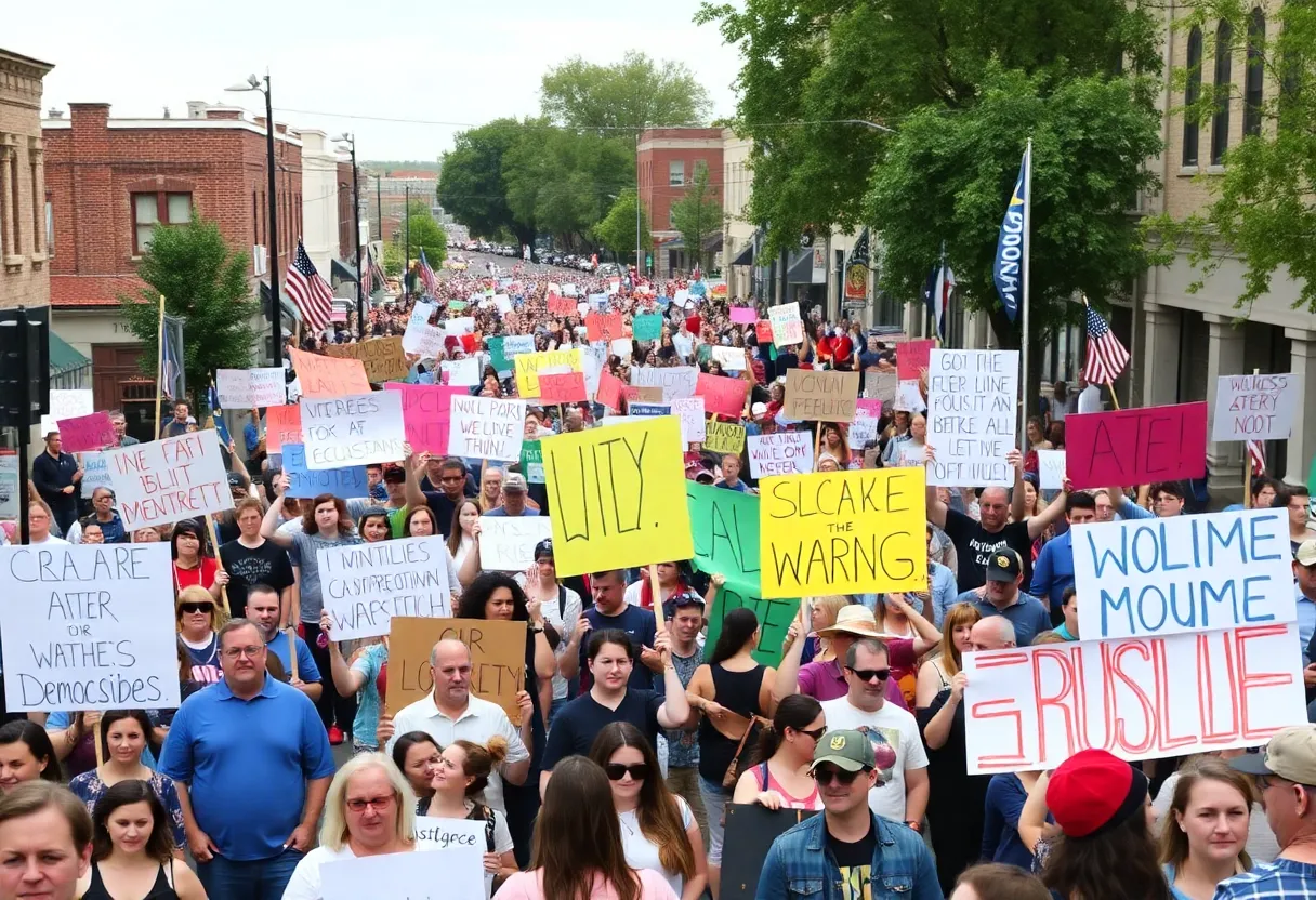 Large crowd at the Bowling Green No Kings protest holding banners
