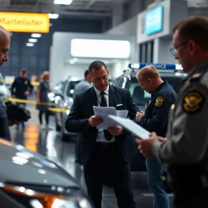 Police officers investigating a shooting at Martin Auto Mart in Bowling Green