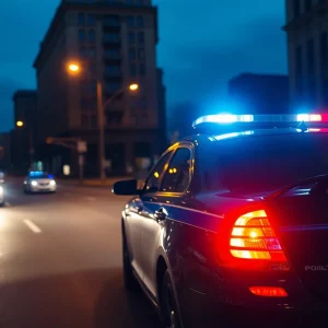 Police car with flashing lights in Bowling Green during a pursuit.
