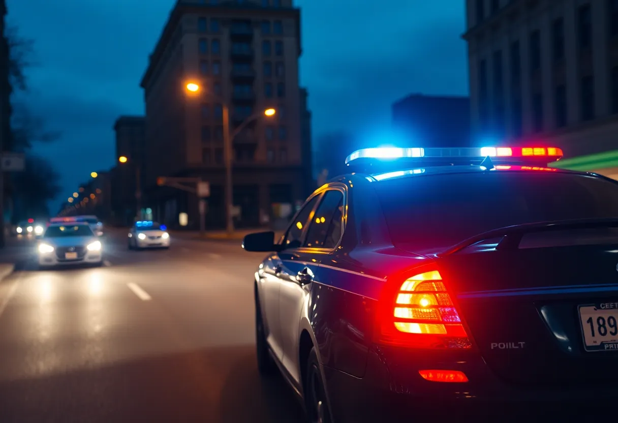 Police car with flashing lights in Bowling Green during a pursuit.