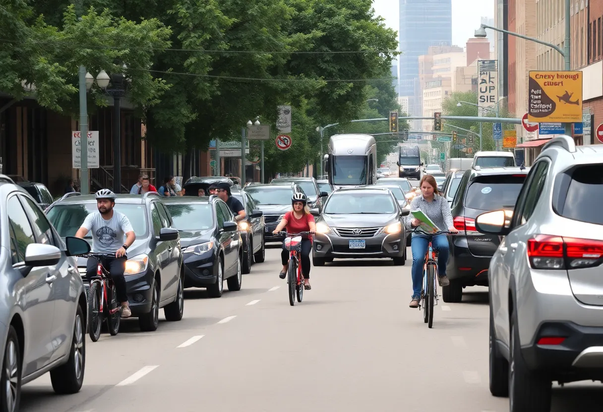Urban transportation scene in Bowling Green with cars, bicycles, and pedestrians.